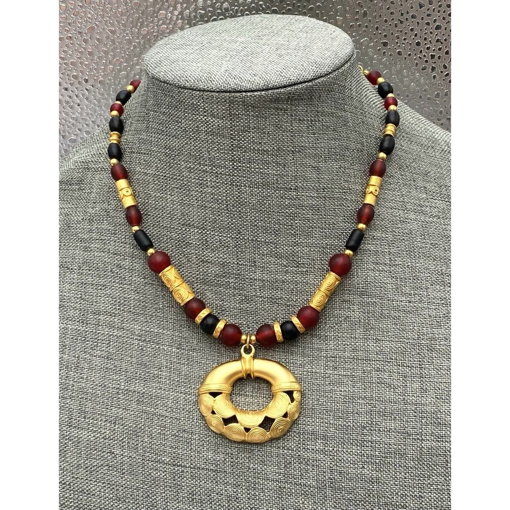 Inca Necklace Glass Beads Gold Tone Beads 17”